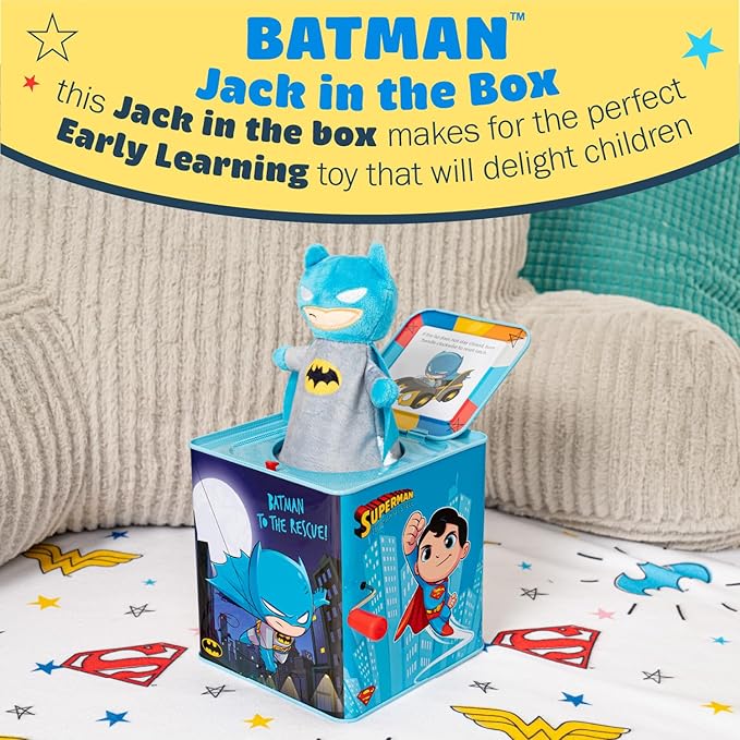 KIDS PREFERRED DC Comics The Batman Jack in The Box Musical Toys for Babies and Toddlers, Plays “Pop Goes The Weasel” The Dark Knight Springs Out from A Colorful Box