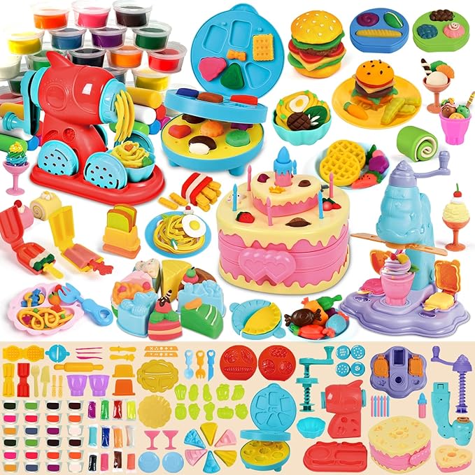 104 PCS 4 in 1 Color Dough Sets for Kids Ages 3-4-8, Dough Tools Accessories Kit, Ice Cream Playset Noodle Cookie Cake Maker, Pretend Play Kitchen Creations Food Toys Arts Crafts for Toddler Girl Boy