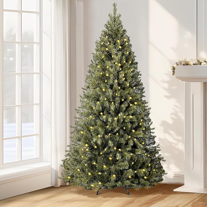 Annecy 7.5ft Pre-Lit Christmas Tree, Green Artificial Full Spruce Christmas Tree for Home, Office, Party Decoration w/ 1200 Branch Tips, 550 Warm White & Multi-Color Lights, Metal Hinges & Base,7.5 ft