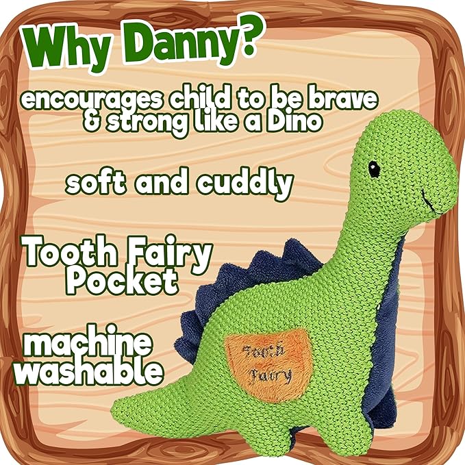 Maison Chic Danny The Dinosaur Tooth Fairy Pillow for Boys – Plush Green Dinosaur with Tooth Pocket for Boys and Girls