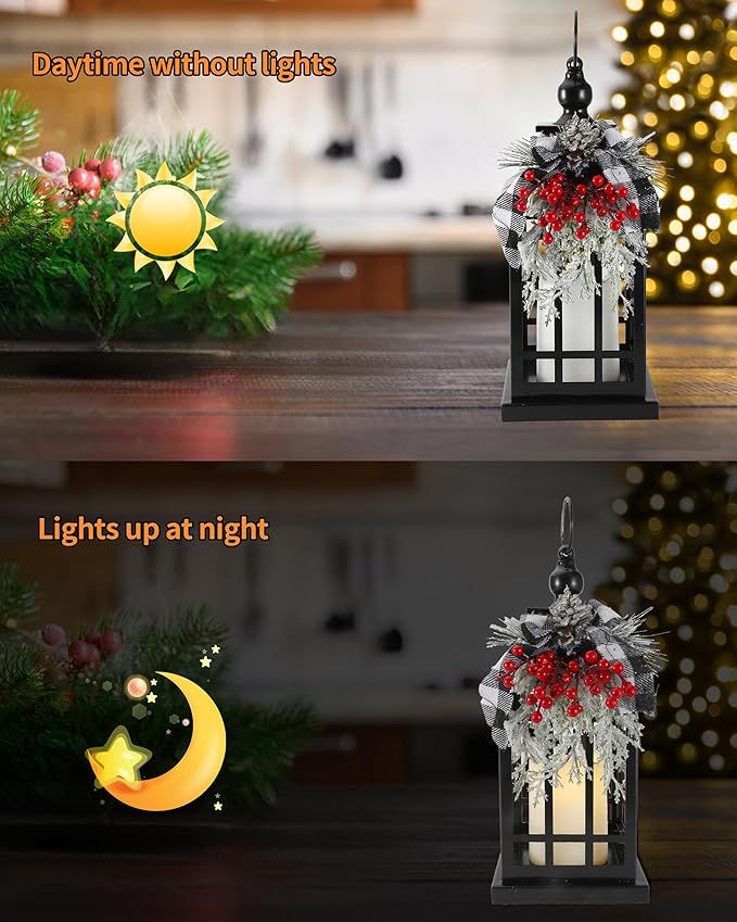 iStatue Metal Black Christmas Lantern with Flameless Candle, 14'' Modern Farmhouse Decor Festive Holiday Rustic Home Gifts for Indoor/Outdoor (Xmas)