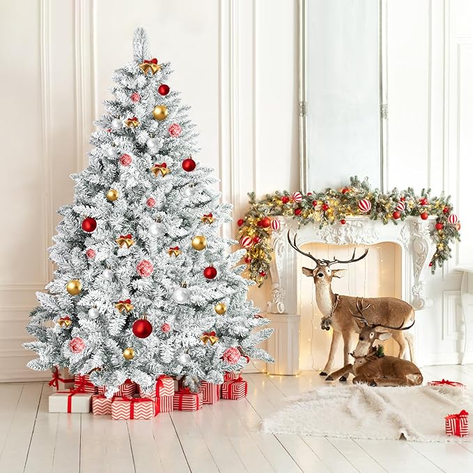 SUNCROWN 6ft Artificial Flocked Christmas Tree Premium Frosted Snow Christmas Tree Hinged Xmas Tree Holiday Decor for Indoor Outdoor, Foldable Metal Stand, 1000 Branch Tips, White