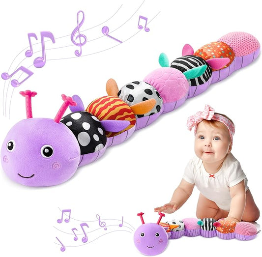 Baby Toys 0-6-12 Months,Musical Caterpillar Stuffed Animals Activity Infant Toys with Crinkle,Rattles,Muti-Teething Sensory Toy,Boy Girl Gifts for Newborn Tummy Time,Purple