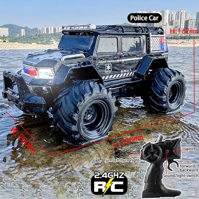 Amphibious Remote Control Car Waterproof Monster RC Cars 4WD All Terrain Off-Road Stunt Vehicle Toys with 2.4 GHz LED Lights for 6 7 8 9 10 11 12+ Year Old Kids Boys Girls Gifts Presents (Black)