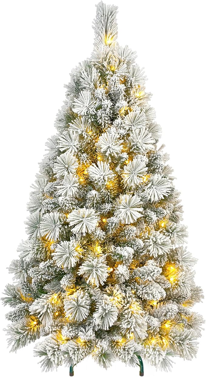 5 Ft Prelit Snow Flocked Christmas Tree with 250 Warm LED Lights, Premium Holiday Artificial Xmas Tree with 518 Realistic Branch Tips, Metal Stand for Indoor Home/Office Decor (Easy Assembly)