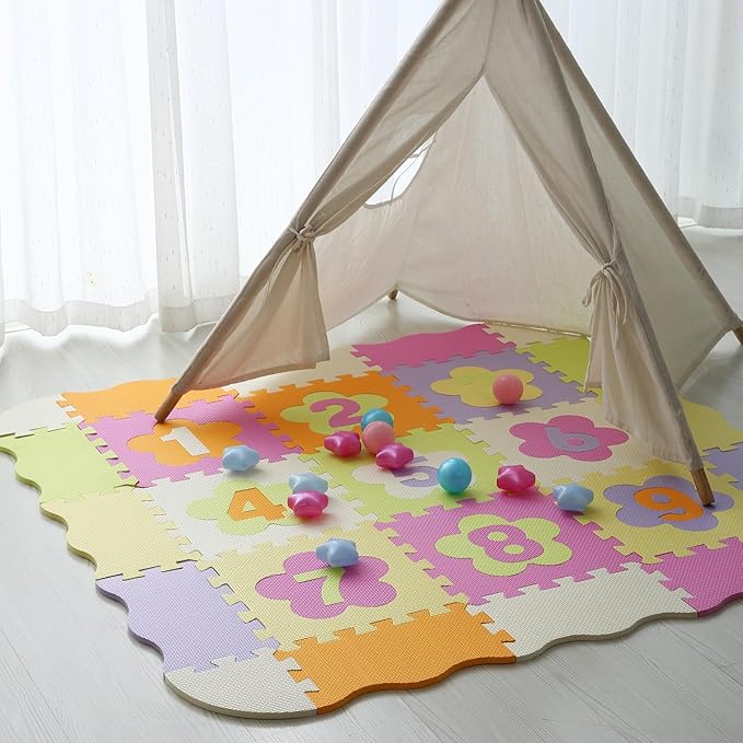 Foam Play Mat for Kids，25Pcs Square Interlocking Puzzle Floor Mat，Baby Play Mat Floor Mat Foam Puzzle Playmat for Toddlers with Fence（Number-CSH011