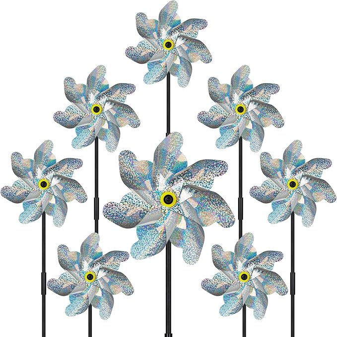 12 Pcs Reflective Pinwheels with Stakes, Sparkly Garden Pinwheels, Silver Wind Spinners for Yard and Garden