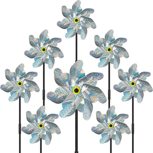 12 Pcs Reflective Pinwheels with Stakes, Sparkly Garden Pinwheels, Silver Wind Spinners for Yard and Garden