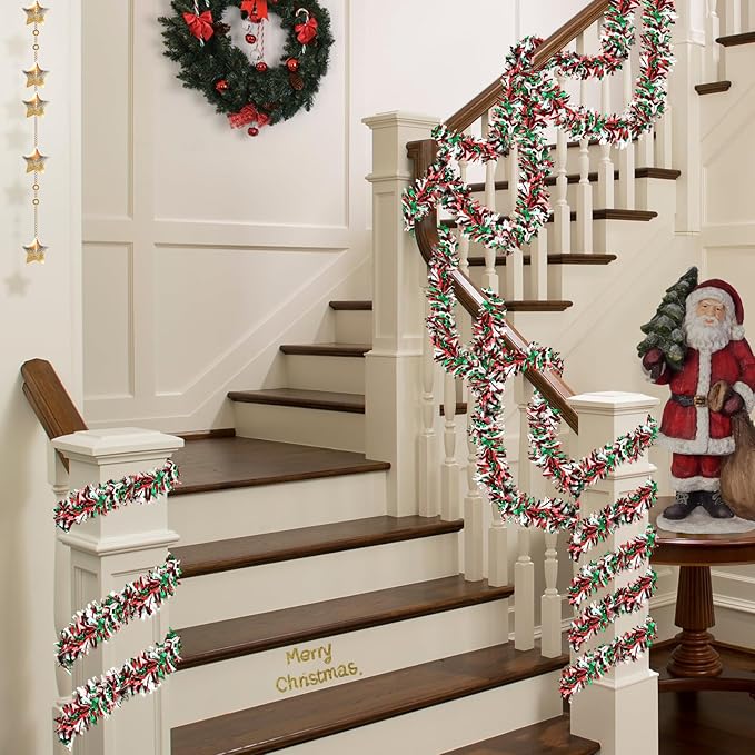 50 Feet Christmas Tinsel Twist Garland - Metallic Tree Decorations for Party Supplies Decor (Red, Green and White)