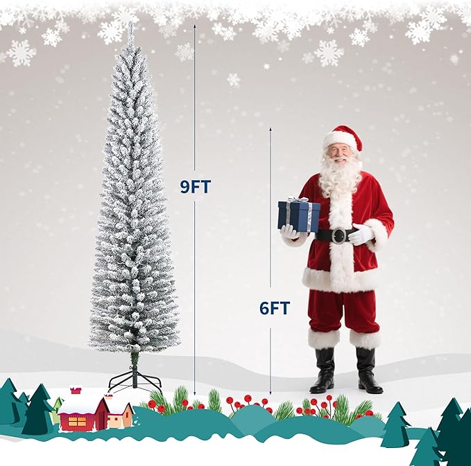 Christmas Artificial Pencil Tree 9Ft with LED Lights, PVC Mixed Tree with Flocked, Holiday Decoration for Indoor Outdoor