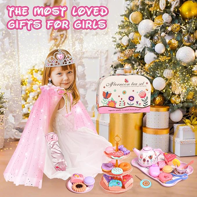 Tea Party Set for Little Girls, 63Pcs Pretend Play Toys, Princess Dress Up Tea Time, Tin Tea Sets for Toddlers 3-5 6 with Dessert, Carrying Case, Kids Kitchen Playset, Birthday Gift for Toddler Girls