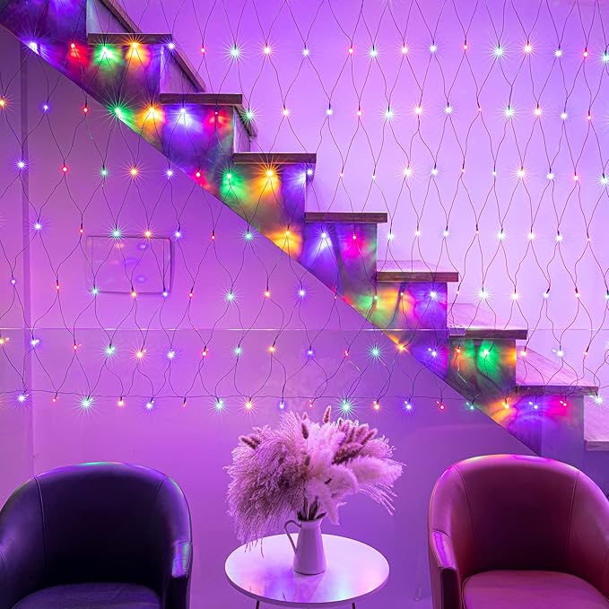 AWQ 360 LED 13.1ft x 6.6ft String Lights Net Mesh Lights 8 Modes for Christmas Wedding Party Home Garden Lawn Bushes Bedroom Indoor Outdoor Decor (13.1ft x 6.6ft, Multicolor)