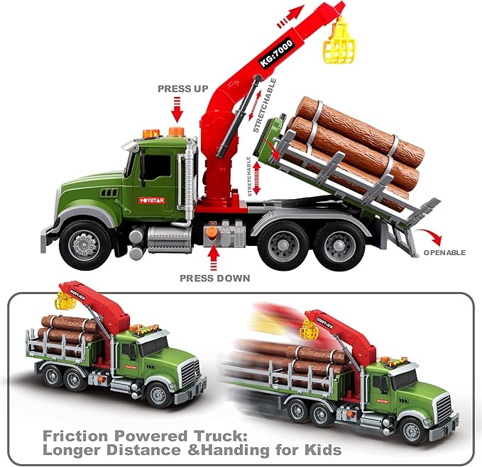 Dwi Dowellin Kids Toys for 3 4 5 6 7 Years Old Boys,15" Large Timber Truck with Loading Crane and 6 Trunks,Birthday Gifts for Boy Toddler Child