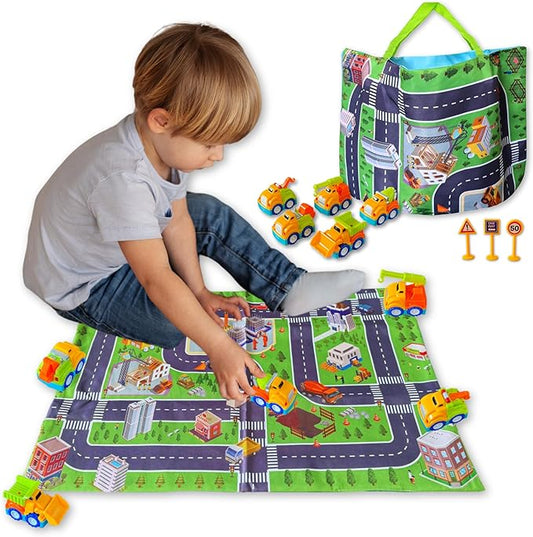 Construction Toy Trucks and Play Mat – Build & Play Vehicles with Foldable Mat & Storage Bag | Portable Travel Toy for Toddlers Kids Ages 2-5 | Easy Storage & Transport for Fun On-The-Go