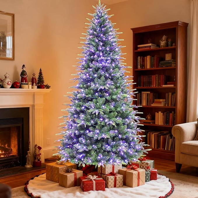 Hykolity 7.5 ft Prelit Artificial Christmas Tree with Remote Control, 1948 PE&PVC Branch Tips, Artificial Hinged Christmas Tree with 450 Multi-Color RGB Lights for Decoration, 15 Modes