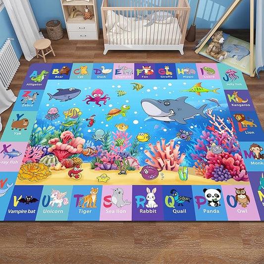 Alphabet Kids Rug for Playroom, 5x7 ABC Ocean Kid Play Mat, Preschool Area Rugs for Classroom, Sea Animals Educational Rugs Numbers Learning Mat Washable Bedroom Carpet Nursery Mats