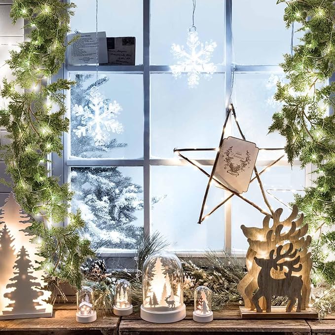 RECUTMS Mantle Garland 6FT Garlands with Lights 30 LED Strings Fake Hanging Plants Greenery Outdoor Wreath Plant Classic Leaves Soft Plastic for Arch Porch Wall Wedding (Green Light S)