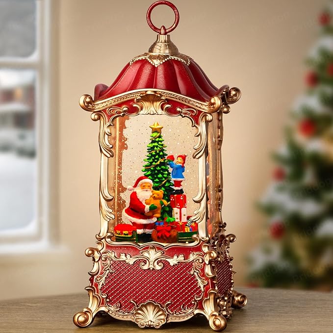 Santa Snow Globe Christmas Decorations Indoor Christmas Tree Gifts for Child Classic Relief Texture Musical Glitter Snowfall USB/Battery Timer Lantern 12.5 inch