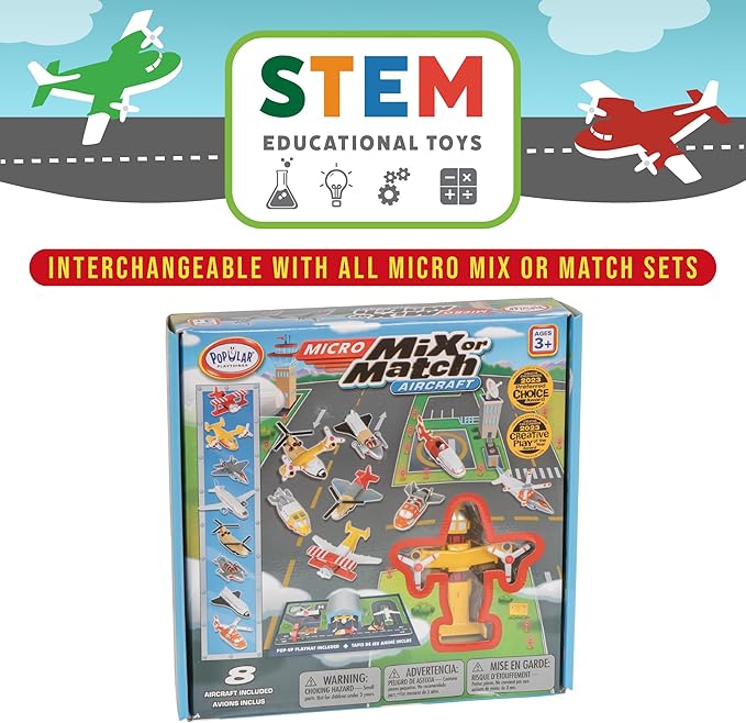 POPULAR PLAYTHINGS Mix or Match Vehicles, Magnetic Snap Toy Play Set, Micro Aircraft with Airplane Helicopter and More, Playmat Included