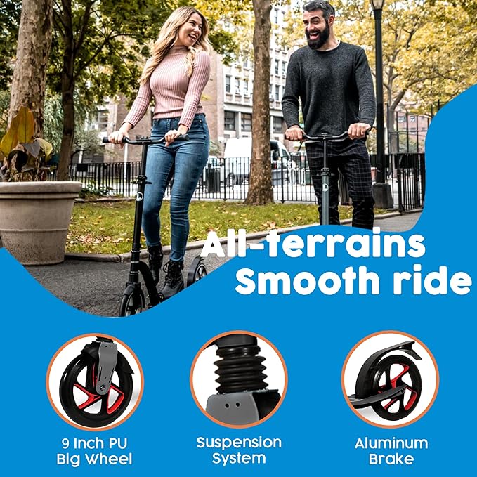 LaScoota Kick Scooter for Kids Ages 6+, Teens & Adults, Large 8" Sturdy Urethane Wheels. Adjustable Handlebar, Lightweight, Foldable, 220lbs Max Load