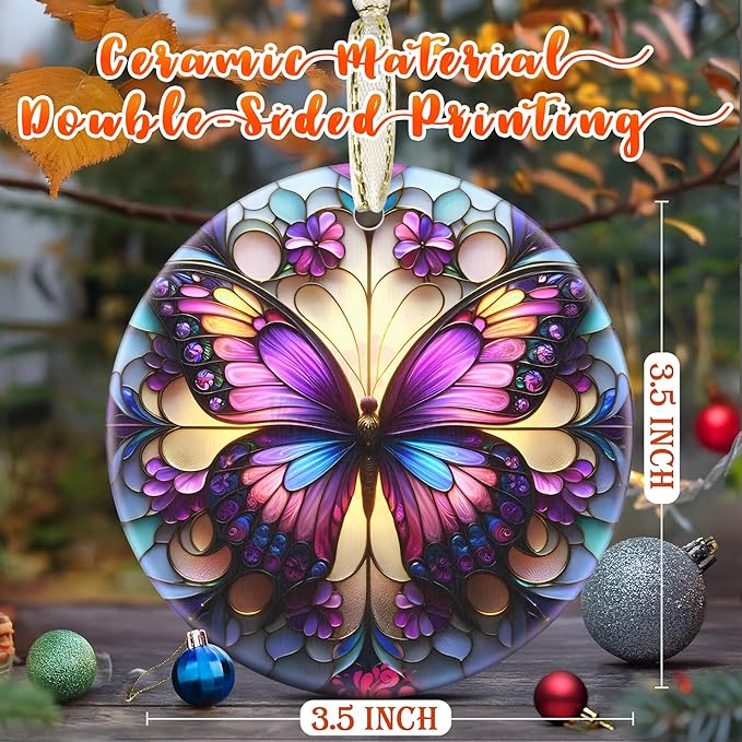 3.5 Inch Ceramic Christmas Tree Ornament, Butterfly Christmas Ornaments, Heirloom Keepsake, Gift Exchange, Gift Idea, Bauble Present