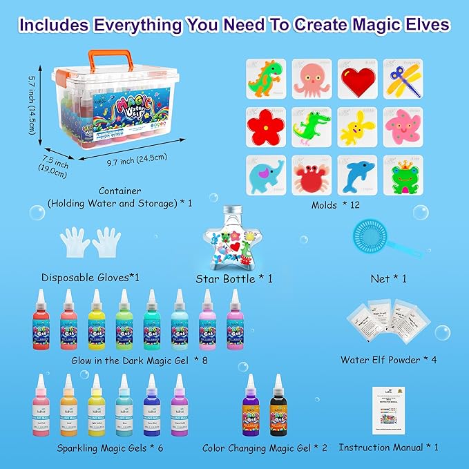 Kiditos Magic Water Elf Toy Kit, Aqua Fairy Water Gel Kit-16 Magic Gels & 12 Molds–Make Your Own Water Pets & Squishy Toys–Fun Summer DIY Craft Kit, Birthday Gifts & Party Favors for Kids Ages 3+
