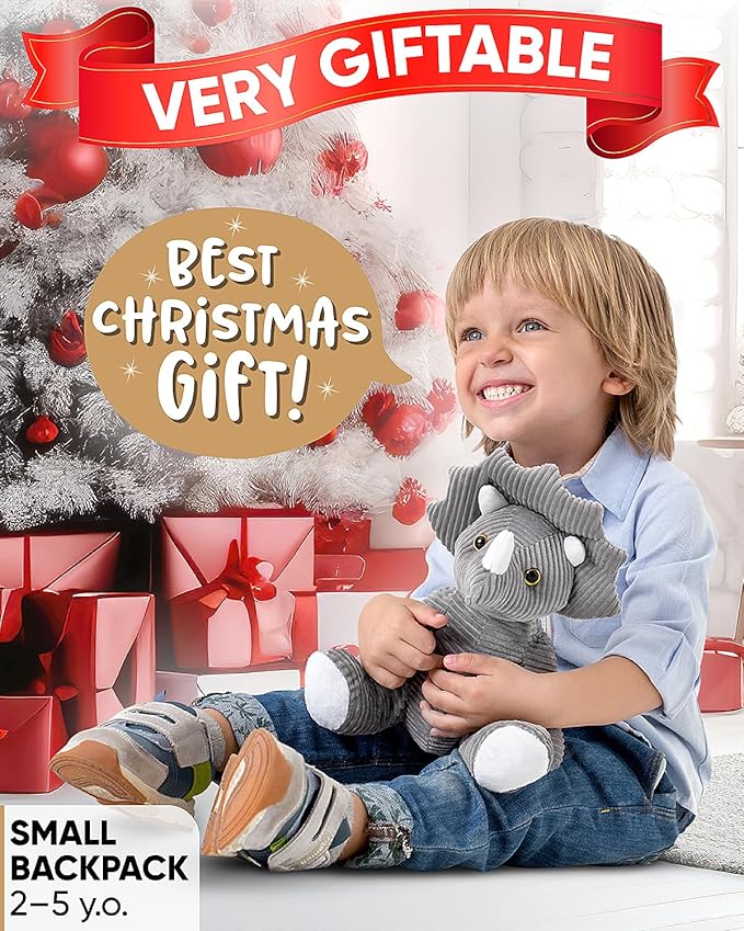 Naturally KIDS Small Dinosaur Backpack - Triceratops Dinosaur Toys for Kids 3-5 - Toddler Backpack for Boys & Girls - Grey Plush Stuffed Animal