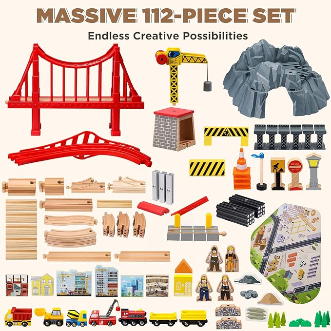 SainSmart Jr. 112PCS Wooden Train Set - Construction Theme Toy Train for Toddler, Train Tracks Compatible with All Major Brands, Ideal Railway Playset for Boys and Girls Idea