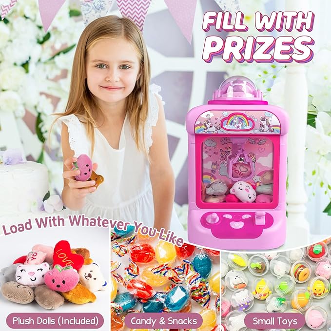 Claw Machine for Kids, Mini Vending Machine Girls Unicorn Toys, Candy Grabber Prize Dispenser with Sound & 20 Mini Plush Toys, Electronic Arcade Game Indoor Toy for Home Party Birthday Gifts