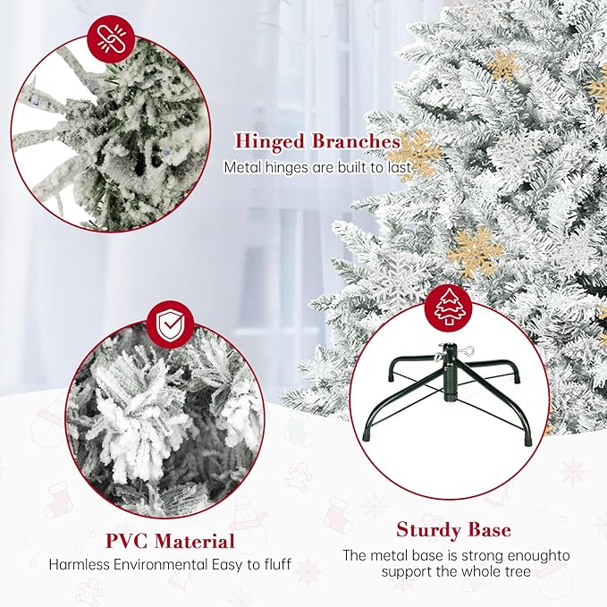 SUNCROWN 6ft Artificial Flocked Christmas Tree Premium Frosted Snow Christmas Tree Hinged Xmas Tree Holiday Decor for Indoor Outdoor, Foldable Metal Stand, 1000 Branch Tips, White