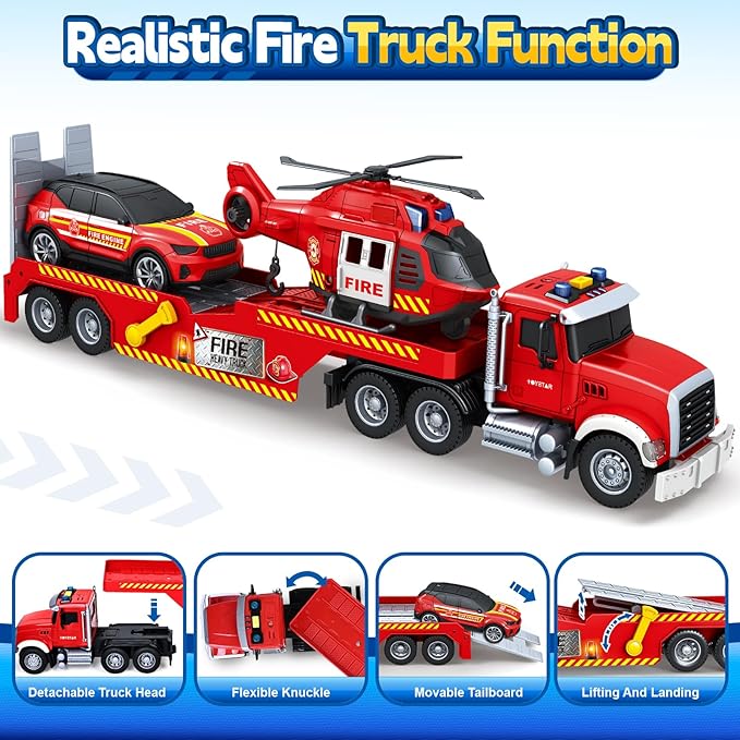 SpringFlower Extra Large Fire Truck Toys for Boys Girls with Racing Car and Helicopter, Lights, Sounds, Semi Truck Vehicle Toy for Toddlers 3 4 5 6 7, Christmas Birthday Gift