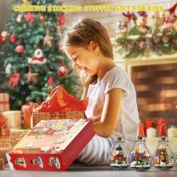 6 Pack Christmas Tree Bulb Ornament with Light Building Set, Including Gingerbread House, Penguin House, Christmas House, Fireplace, Nutcracker, Reindeer, Stocking Stuffer Toy Gifts for Kids.(405PCS)