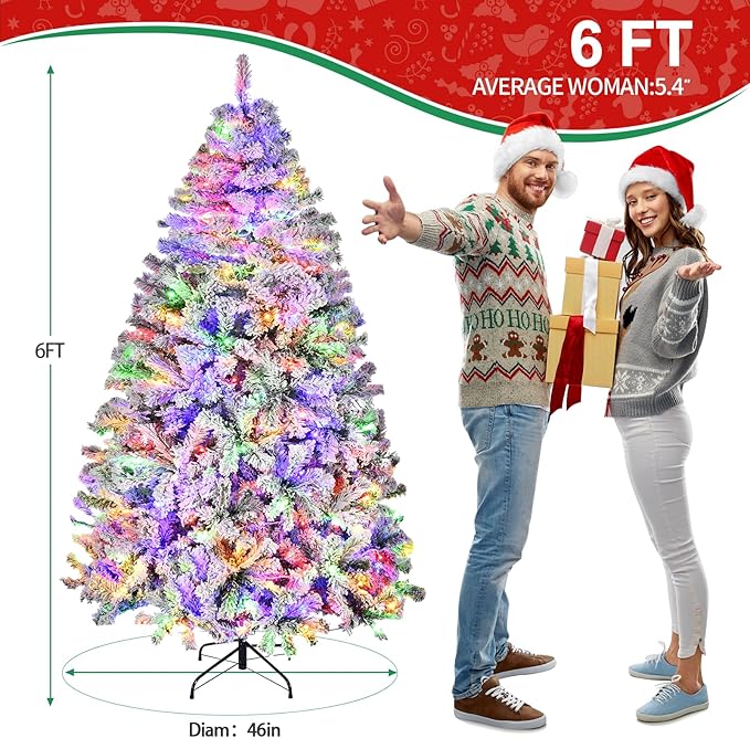 6ft Pre-Lit Snow Flocked Christmas Tree W/250 Multicolored LED Lights 11 Remote Modes, Artificial Xmas Tree W/Remote/Timer, 1000 PE & PVC Branch Tips, Holiday Décor,Home, Office,Foldable Metal Stand