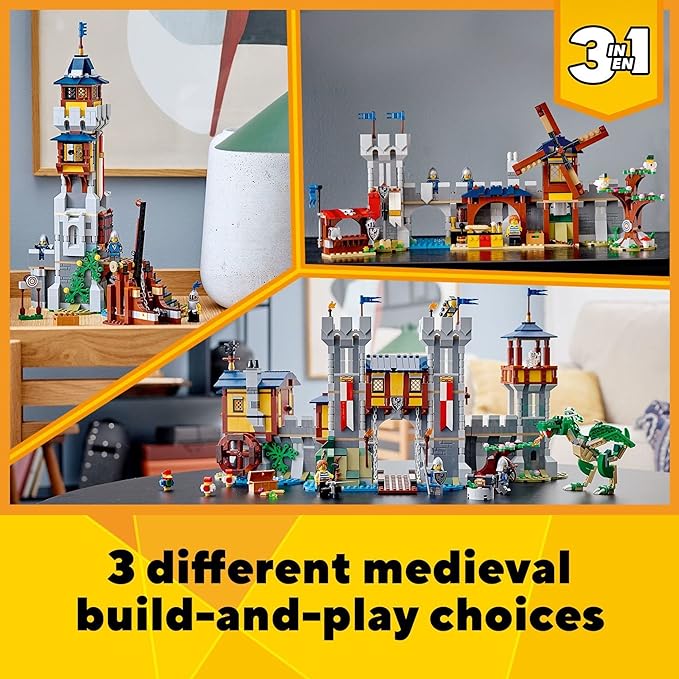 LEGO Creator 3in1 Medieval Castle Toy to Tower or Marketplace 31120, with Skeleton, Dragon Figure, 3 Minifigures and Catapult