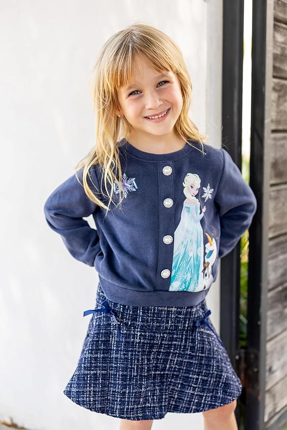 Disney Frozen Elsa Stitch Princess Moana Minnie Toddler Girl 2 Piece Outfit Kid Pearl Button Knit Top & Tweed Skirt Set 2-13Y