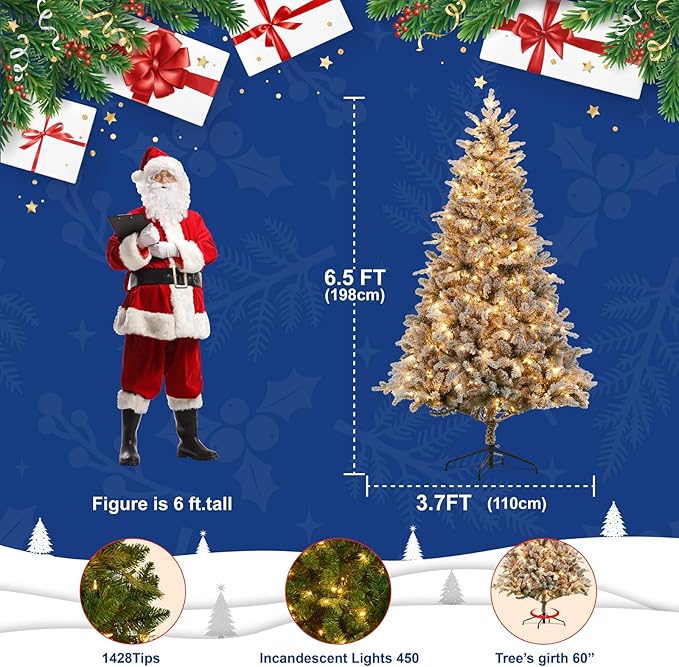 Eclolumi6.5 FT Christmas Trees with Lights, with Remote Control, Pre-Lit Green Artificial Hinged Spruce Christmas Tree with 1428 Tips, 450 LED for Home, Party Decoration (White 6.5FT)