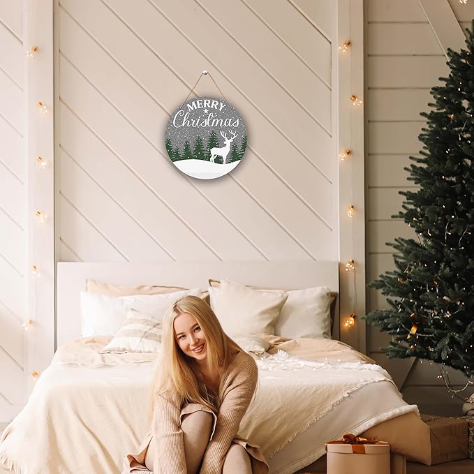 Merry Christmas Tree Sign Decorations, 10x10 Inch Xmas Reindeer Decorative Wooden Plaque with Jute Rope for Door Wall Shelf Decor, Winter New Year Gifts-MBA03