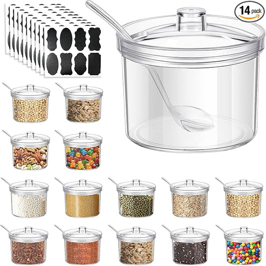 14 Pieces Acrylic Sugar Containers with Lids and Spoons for Countertop, Clear Sugar Holder Dispenser Salt Bowl with 10 Labels for Serving Condiment Candy Coffee Tea Spices Herbs (7.1 oz)