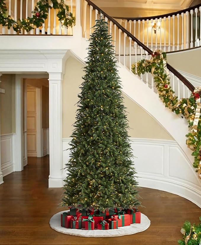 Glitzhome 11ft Prelit Artificial Christmas Tree,Radiant Evergreen Fir with 850 Warm White/Multi-color LED Lights,9 Function,w/Remote Control,Holiday Décor w/Easy Assembly,Metal Hinges & Foldable Base