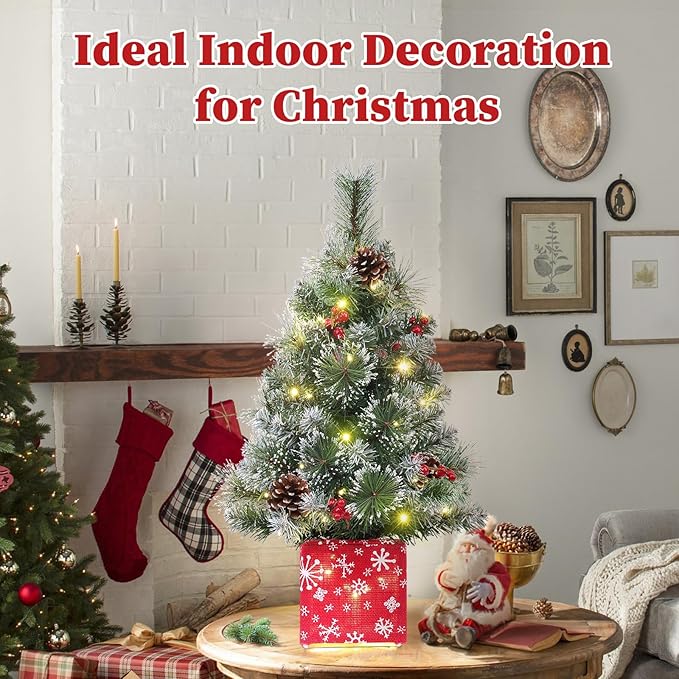 Brightever 2FT Small Christmas Tree, Prelit Mini Christmas Tree with Multi-Color LED Lights, Battery Powered Little Xmas Tree with Frosted Tips for Table Top, Green, Snowflake Gift Box Base Included