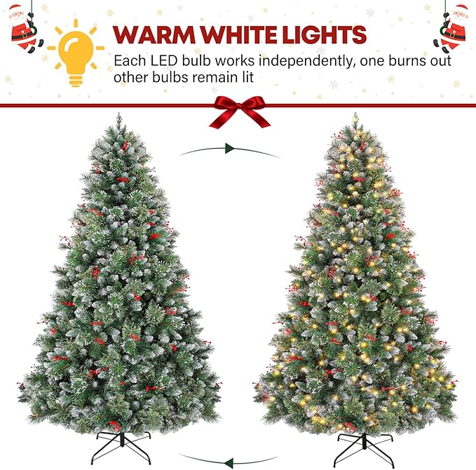 6 ft Lighted Frosted Christmas Tree, Artificial Pine Christmas Tree with Red Berries, 250 Warm White LED Lights, 956 Branch Tips, Foldable Metal Stand and Hinged Branches
