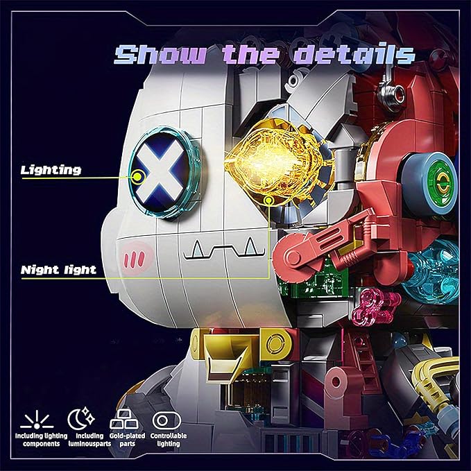 Mechanical Rabbit Building Set - Punk Style Animal Collection Toy Robot Bunny Sets with LED Light Neon Style Collectible Building Toy Home Decor Gift for Boys Girls Adults Teens Kids Ages 12+, 1377PCS