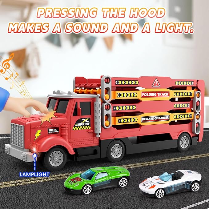 HONGTUO Toy Truck for Kids Truck Race Track with 6 Cars, 2-Player Racing Mode, Lights & Sounds, Ideal Christmas or Birthday Present for Toddlers Age 3 4 5 6+Years Old Boys Girls