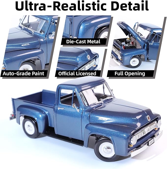 1953 Ford F-100 Pickup Truck 1/18 Scale Die-Cast Metal Model Alloy Collection Cars with Display Case, with Opening Doors, Best Gift for Men, Dad & Kids 14+ Years(Dark Blue)