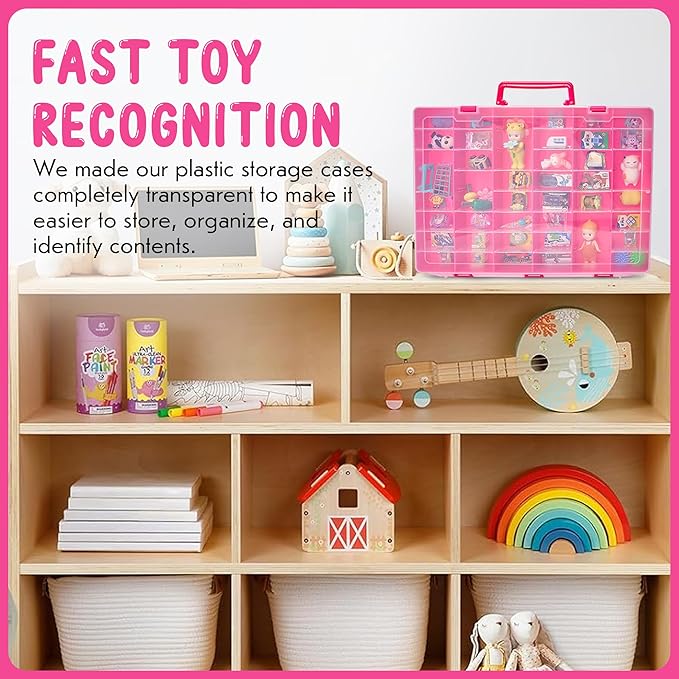 Plastic Toy-Storage Case for Mini Brands, Hot Wheels, Shopkins, L.O.L. Surprise! Dolls, and Small Plastic Toys, Collectibles Storage Organizer, Pink