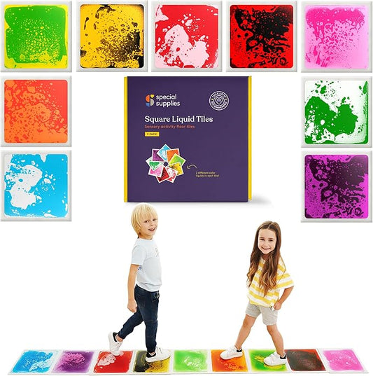 Special Supplies Square Floor Liquid Tiles for Kids, Set of 9, Colorful Early Learning Sensory Activity Mats for Toddlers and Children, Anti-Slip Backing for Active Play, Dance, and Games