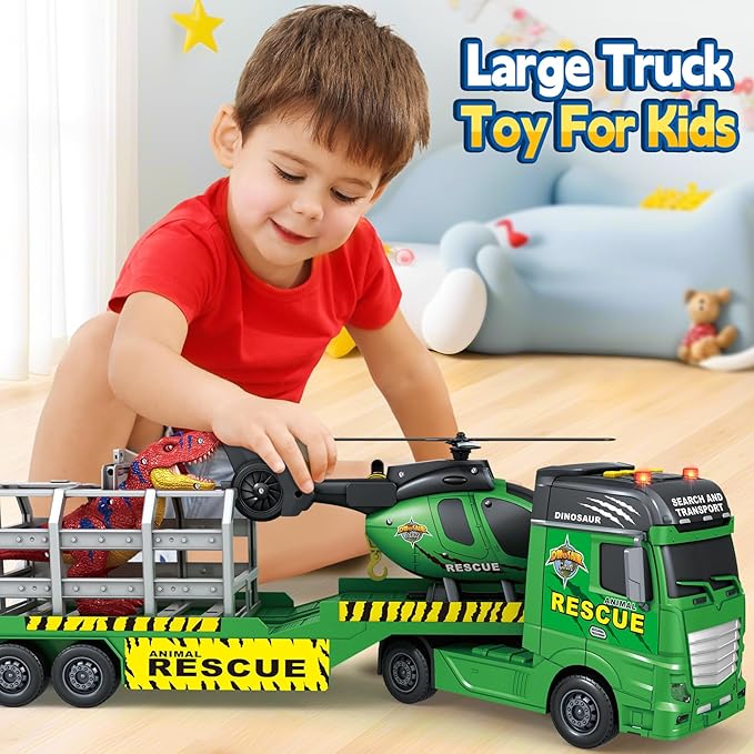 Toddler Boy Toys for 3 4 5 6 7 Years Kids, 23" Semi Flatbed Truck Toy with a Dinosaure Truck, Friction Powered Vehicles Toys with Lights and Sounds, Birthday for Boy Girls
