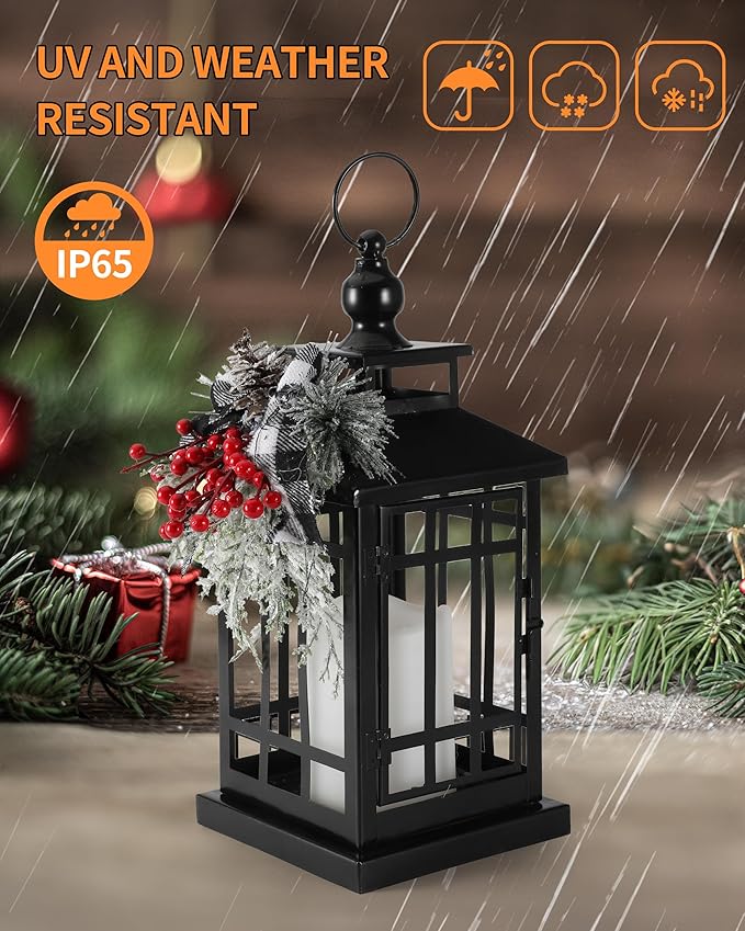 iStatue Metal Black Christmas Lantern with Flameless Candle, 14'' Modern Farmhouse Decor Festive Holiday Rustic Home Gifts for Indoor/Outdoor (Xmas)