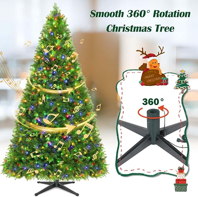 9ft Prelit Rotating Artificial Christmas Tree with Remote Timer & Dimmer, 600 Multi-Color LED Lights 2512 PE & PVC Branches for Holiday Decor