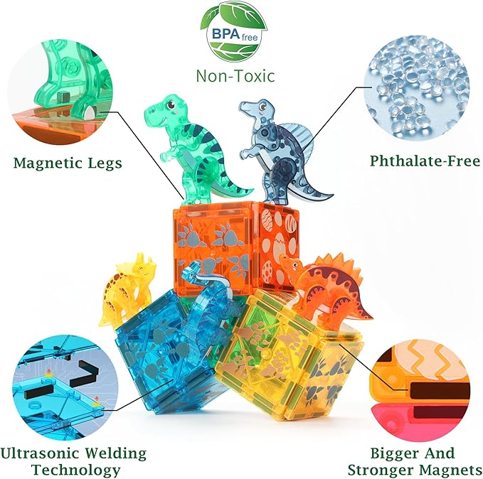 106 PCS Dinosaur Magnetic Tiles Set,Magnet Building Blocks Dino World Toys,TEM AUTHENTICATED,Magnet Tiles Animals for Toddlers Boys Girls Kids Age 3 4 5 6 7 8